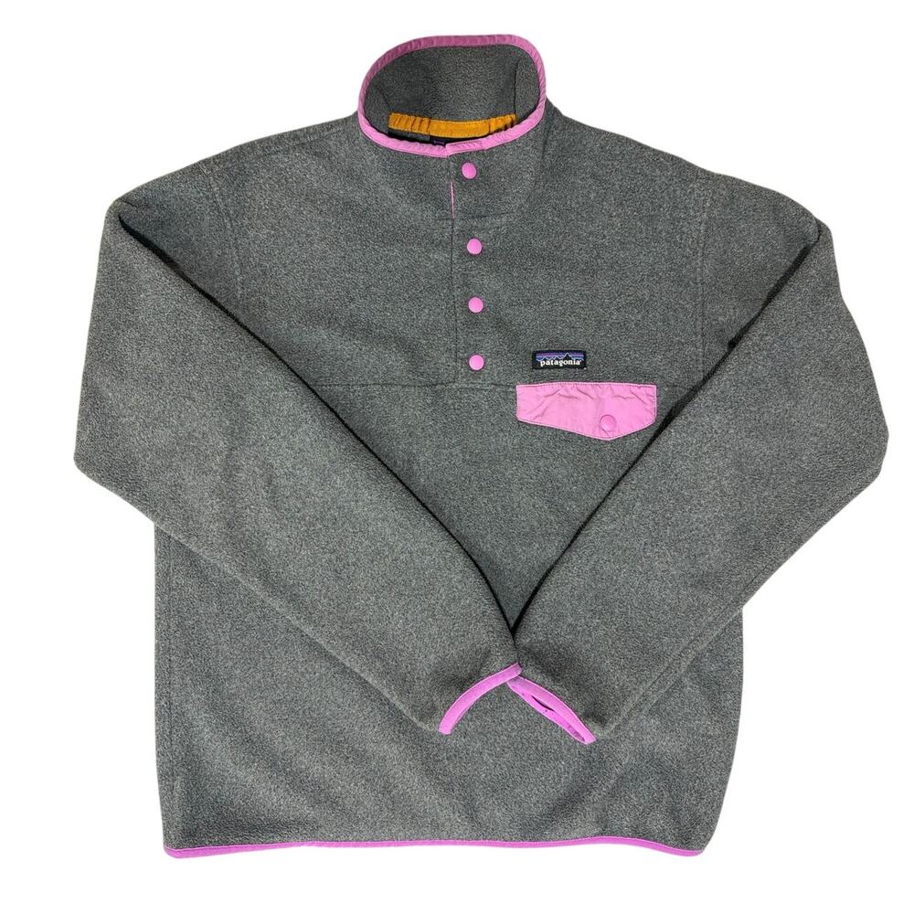 Patagonia Women S Synchilla Snap-T Pullover gray fleece pink binding and pocket